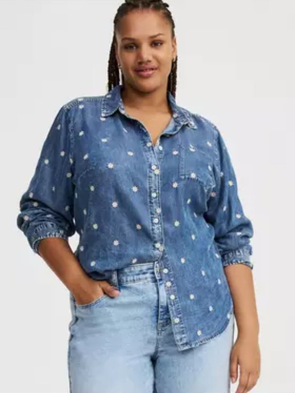 Torrid Lizzie Embroidered Denim Chambray Button Down Shirt 3X